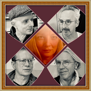 Bandfoto Queen Amber: Grafisch gestaltetes Bandfoto mit fünf Porträts in rautenförmiger Anordnung. Vier schwarz-weiße Porträts umrahmen ein mittleres, farbiges Porträt in warmem Orange. Die Personen sind unterschiedlich alt, tragen teils Brillen, teils längere Haare. Das Bild ist von einem dekorativen Rahmen eingefasst und wirkt kunstvoll und symbolisch.