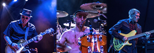 Drei Musiker auf einer Bühne bei einem Live-Konzert. Links ein Gitarrist mit Hut und Sonnenbrille, der E-Gitarre spielt. In der Mitte ein Schlagzeuger ohne Shirt, umgeben von Schlagzeugteilen und Becken, er singt ins Mikrofon. Rechts ein Bassist mit Brille und Hemd, der einen E-Bass spielt. Die Bühne ist in blau-violettes Licht getaucht.