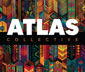 Bandfoto Atlas Collective: 
Grafisches Coverbild mit leuchtenden geometrischen Mustern in kräftigen Farben wie Rot, Blau, Gelb und Orange. Über den bunten Mustern steht in großen weißen Buchstaben „ATLAS“, darunter auf schwarzem Hintergrund in goldgelber Schrift „Collective“. Das Design wirkt modern, abstrakt und energiegeladen.